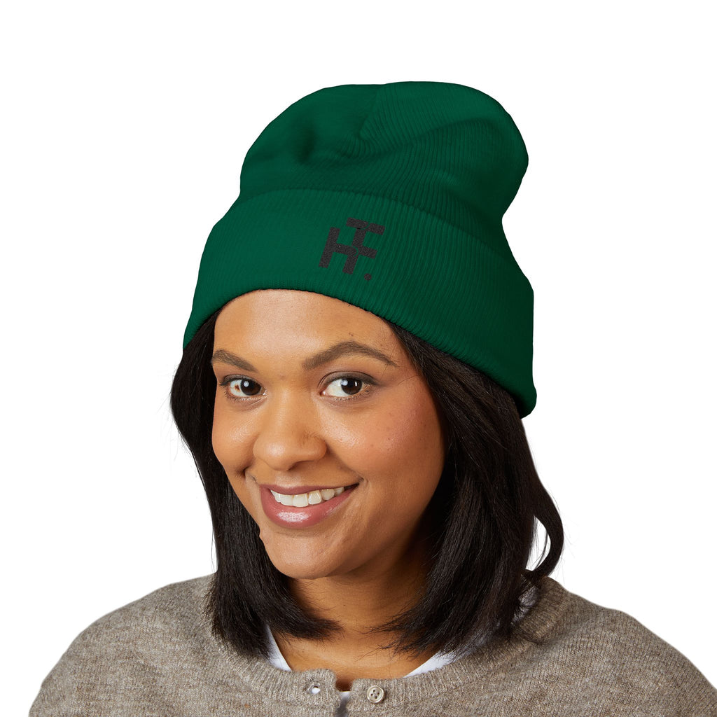 Embroidered Classic Cuffed Beanie — Olive Knit Winter Hat