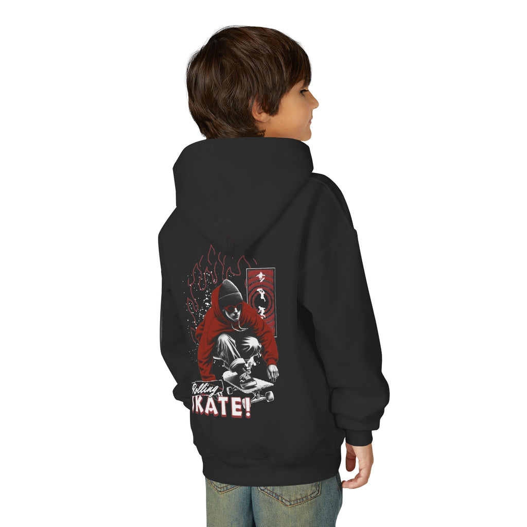 Youth Skateboard Hoodie – 'Skate!' Graphic Pullover with Skater Flame Design