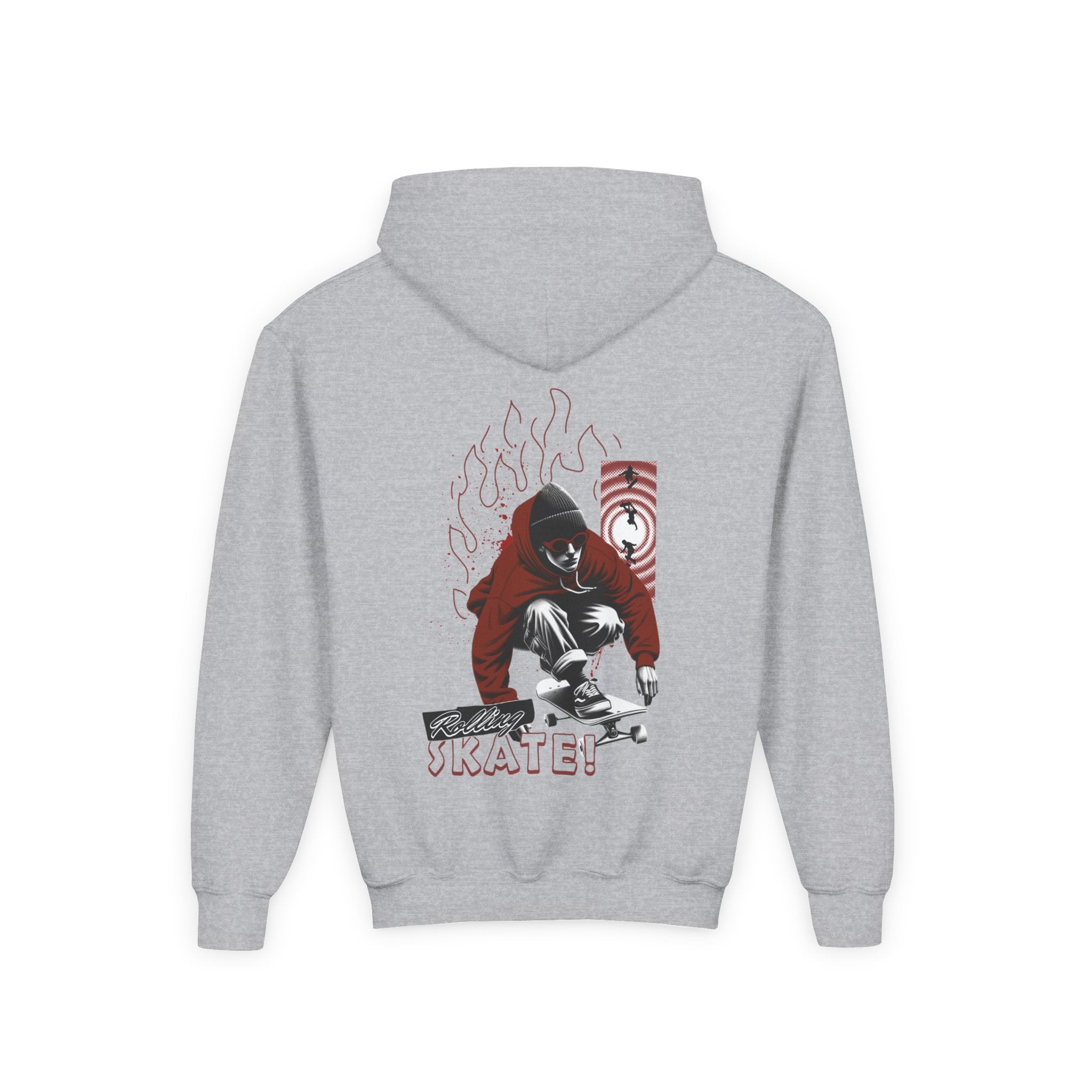 Youth Skateboard Hoodie – 'Skate!' Graphic Pullover with Skater Flame Design