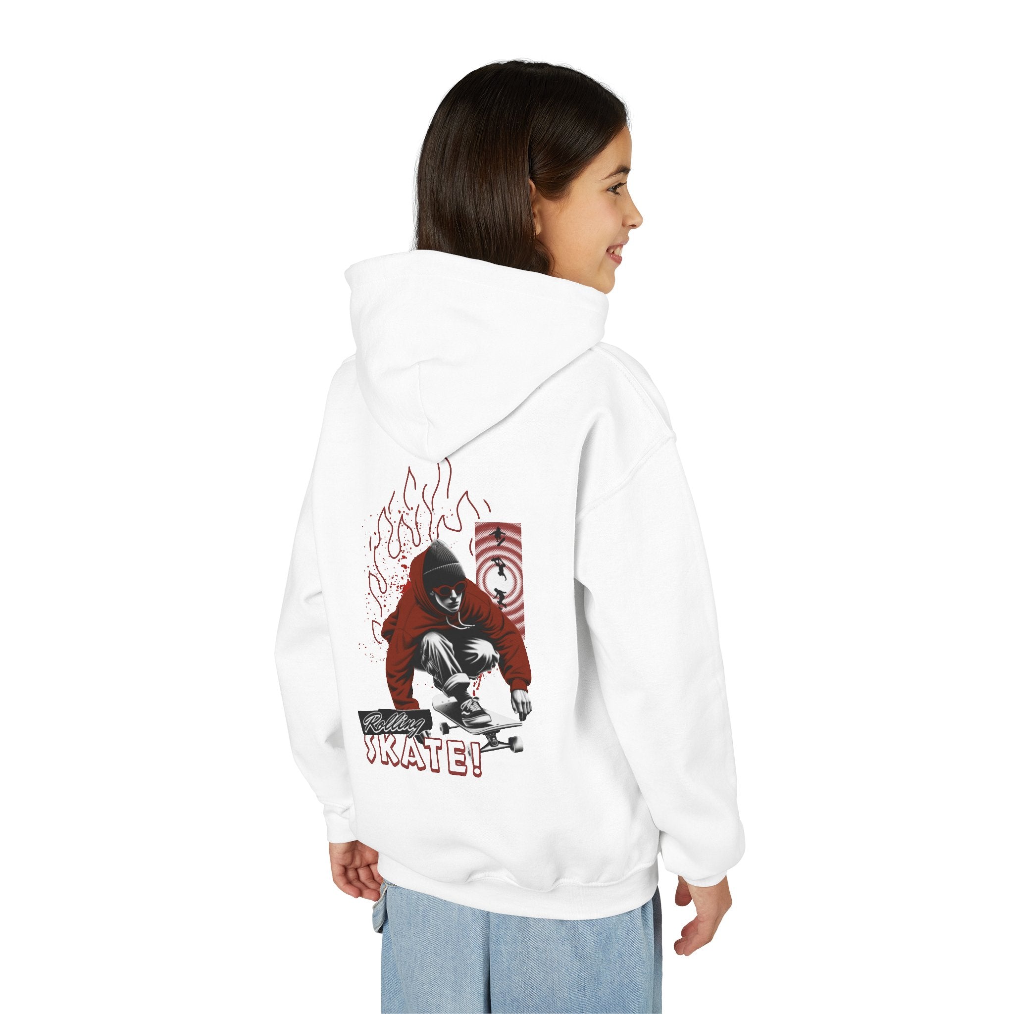 Youth Skateboard Hoodie – 'Skate!' Graphic Pullover with Skater Flame Design