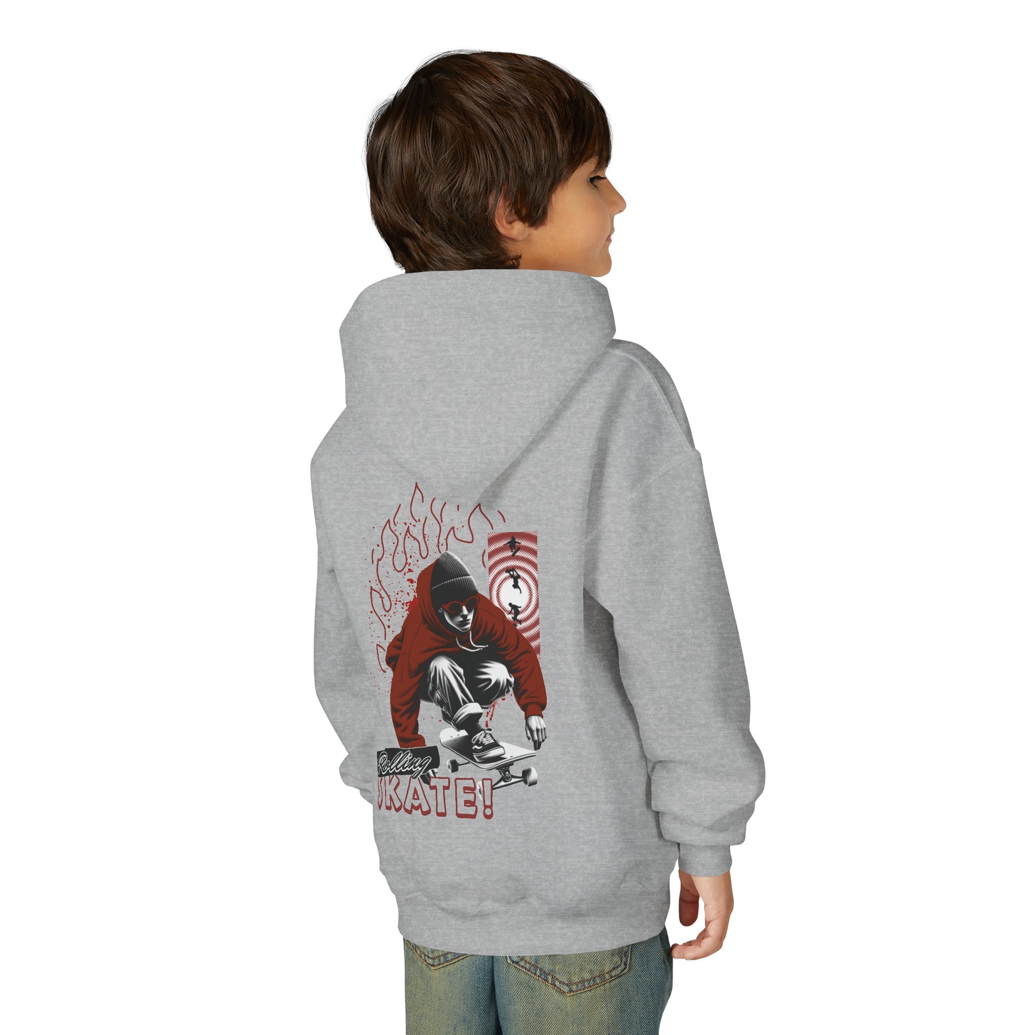 Youth Skateboard Hoodie – 'Skate!' Graphic Pullover with Skater Flame Design