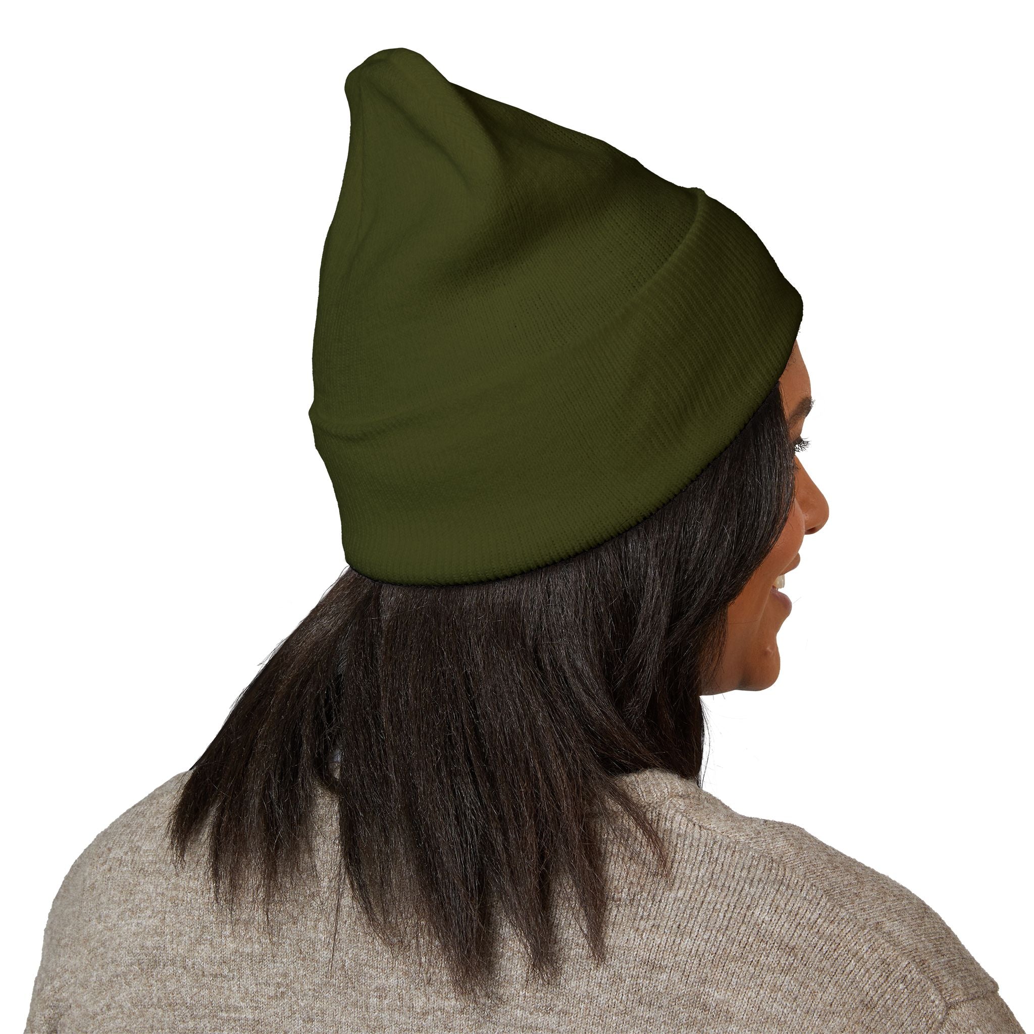 Embroidered Classic Cuffed Beanie — Olive Knit Winter Hat