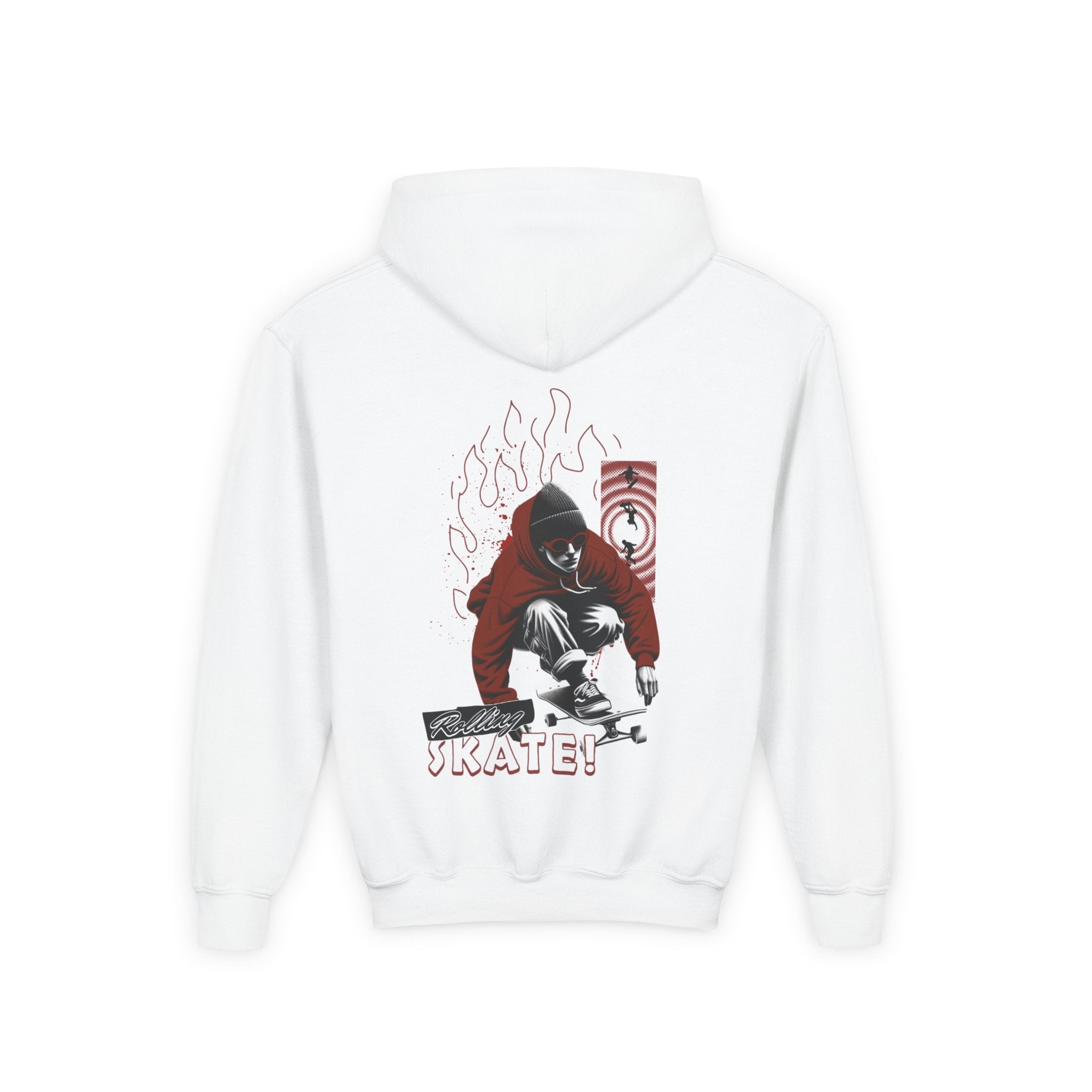 Youth Skateboard Hoodie – 'Skate!' Graphic Pullover with Skater Flame Design