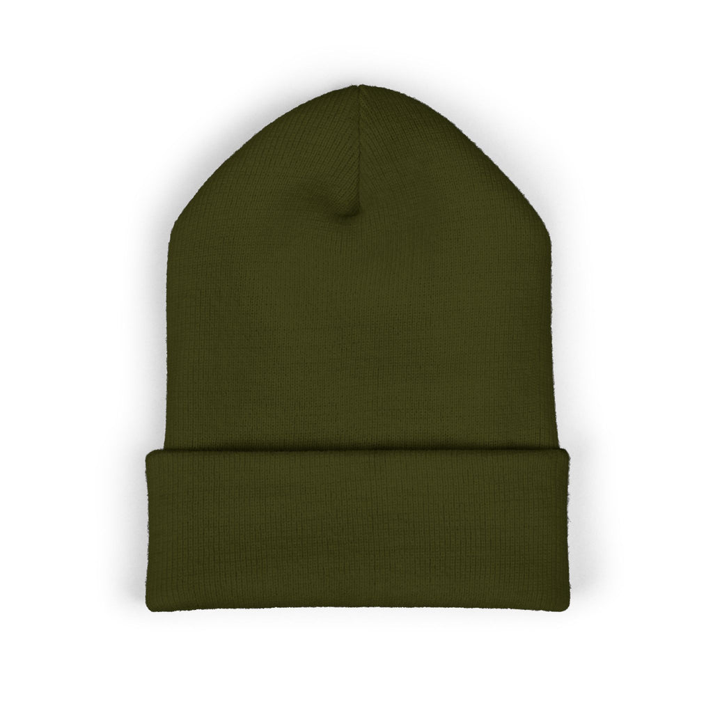 Embroidered Classic Cuffed Beanie — Olive Knit Winter Hat