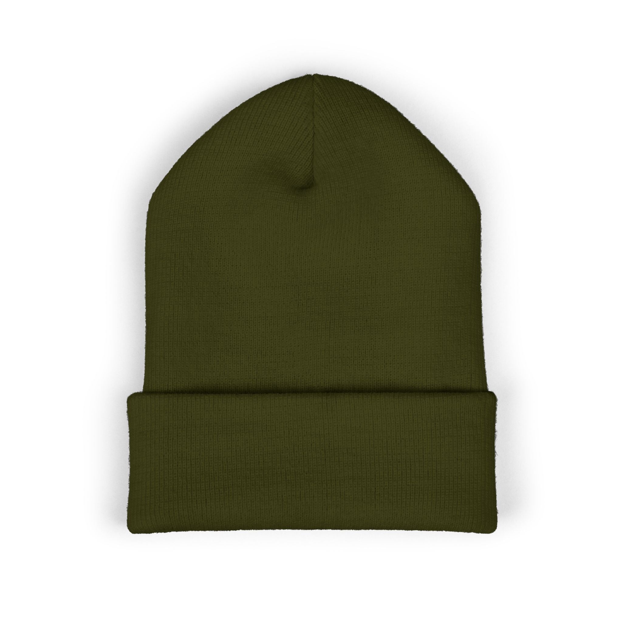 Embroidered Classic Cuffed Beanie — Olive Knit Winter Hat