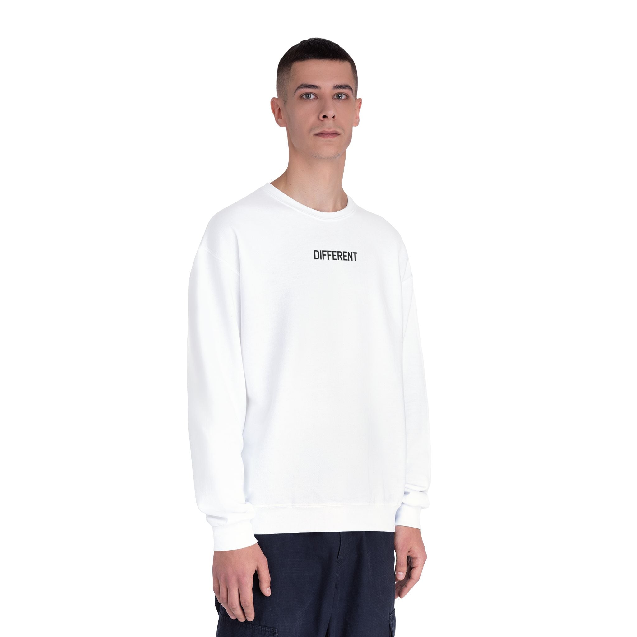 Crewneck Sweatshirt — 'Different' Minimal Front + Flame 'Aura Apparel Co' Back
