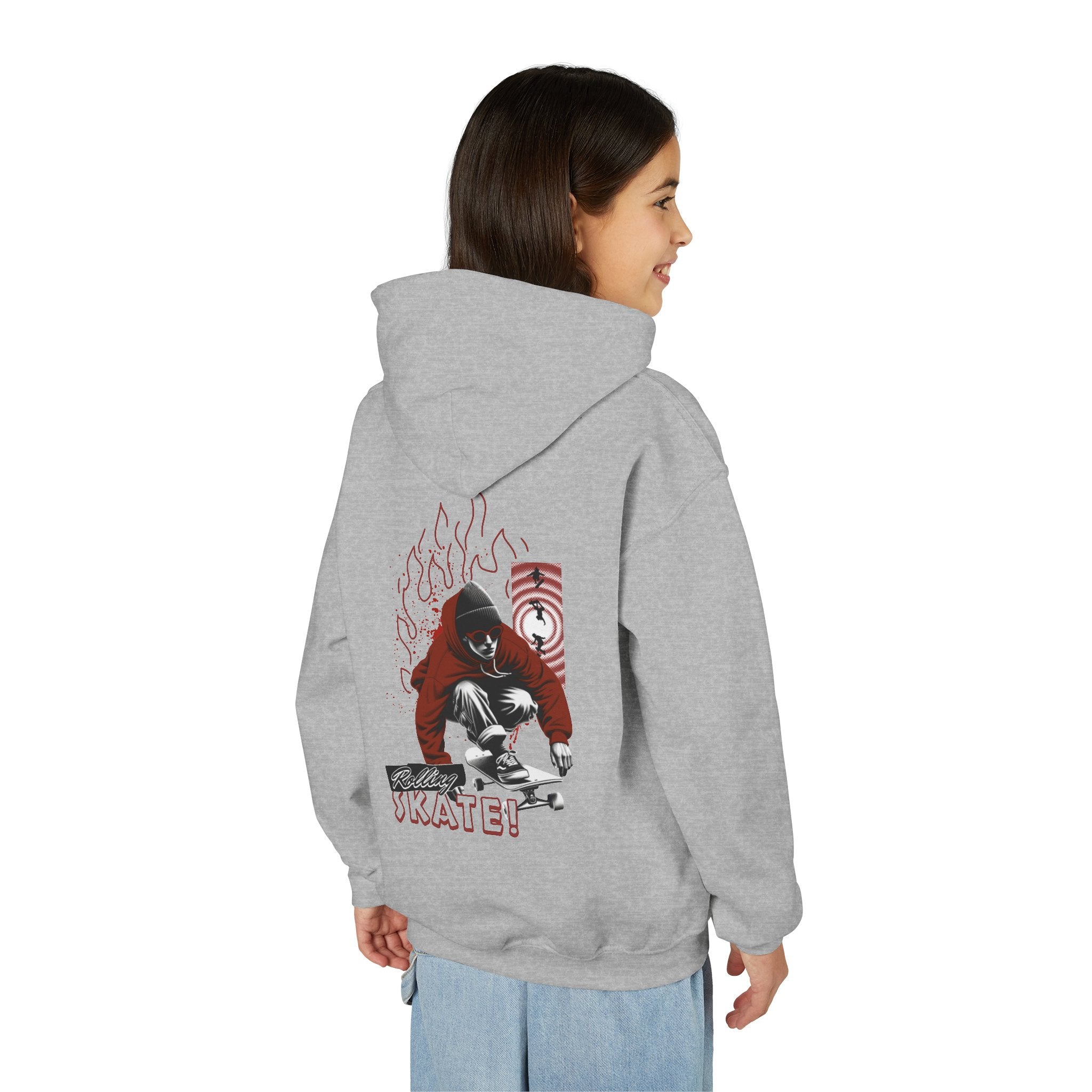 Youth Skateboard Hoodie – 'Skate!' Graphic Pullover with Skater Flame Design