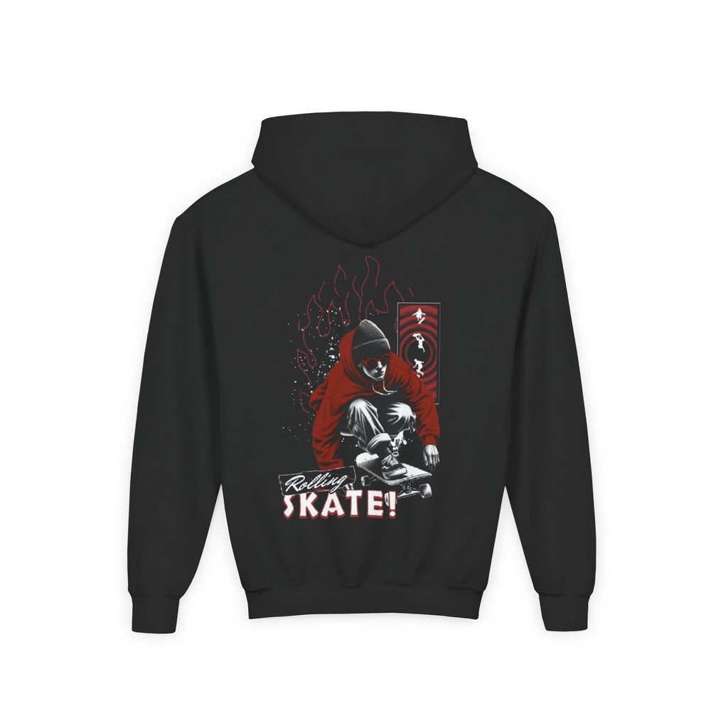 Youth Skateboard Hoodie – 'Skate!' Graphic Pullover with Skater Flame Design
