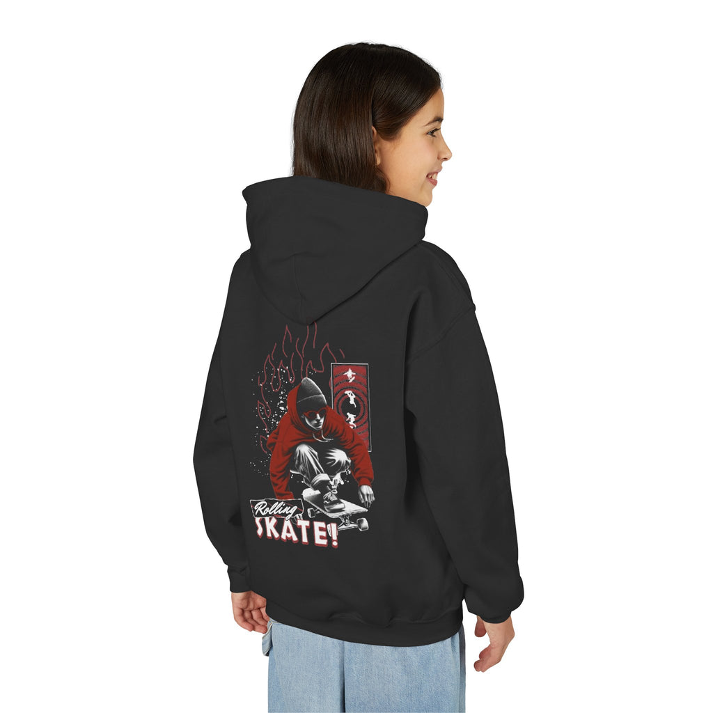 Youth Skateboard Hoodie – 'Skate!' Graphic Pullover with Skater Flame Design