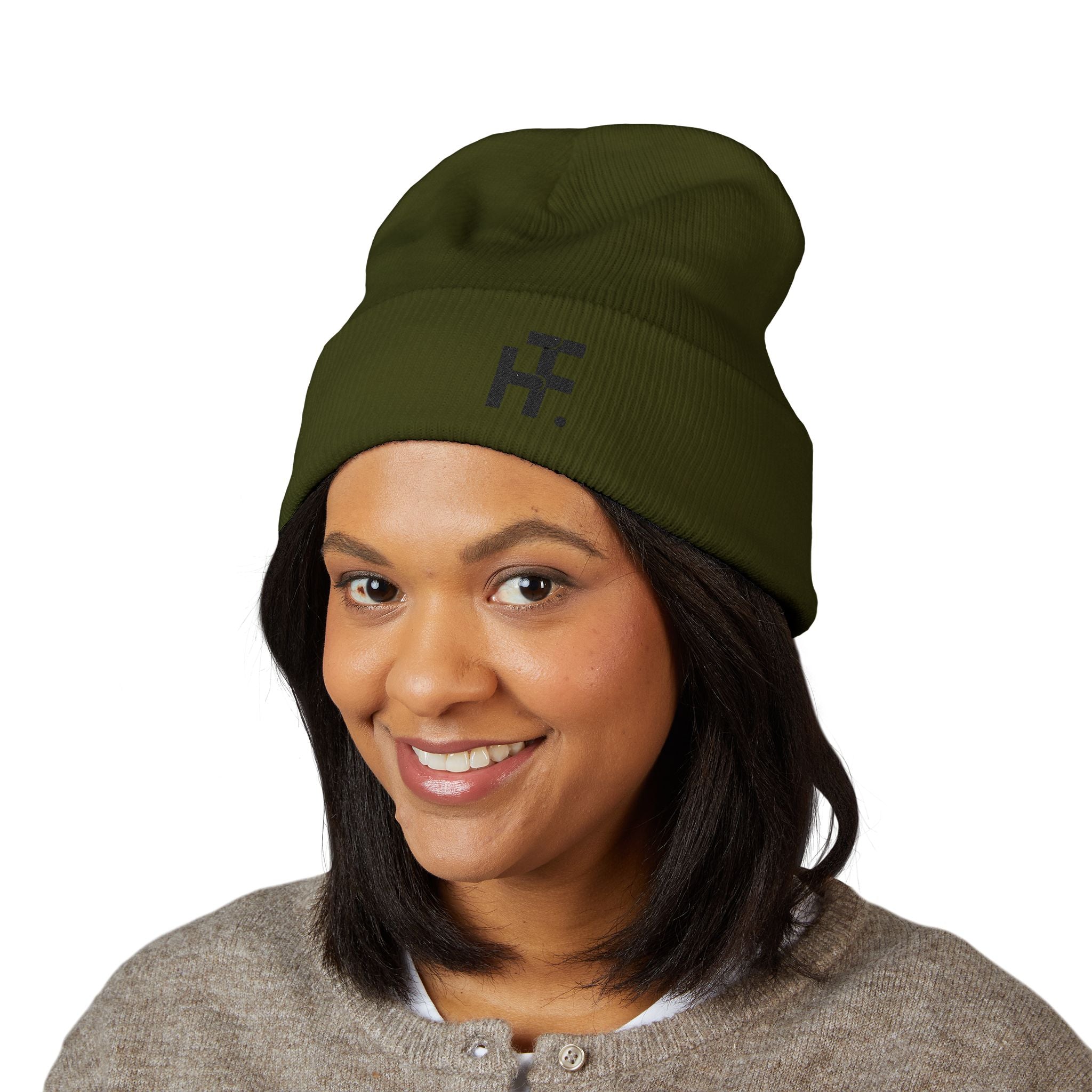 Embroidered Classic Cuffed Beanie — Olive Knit Winter Hat