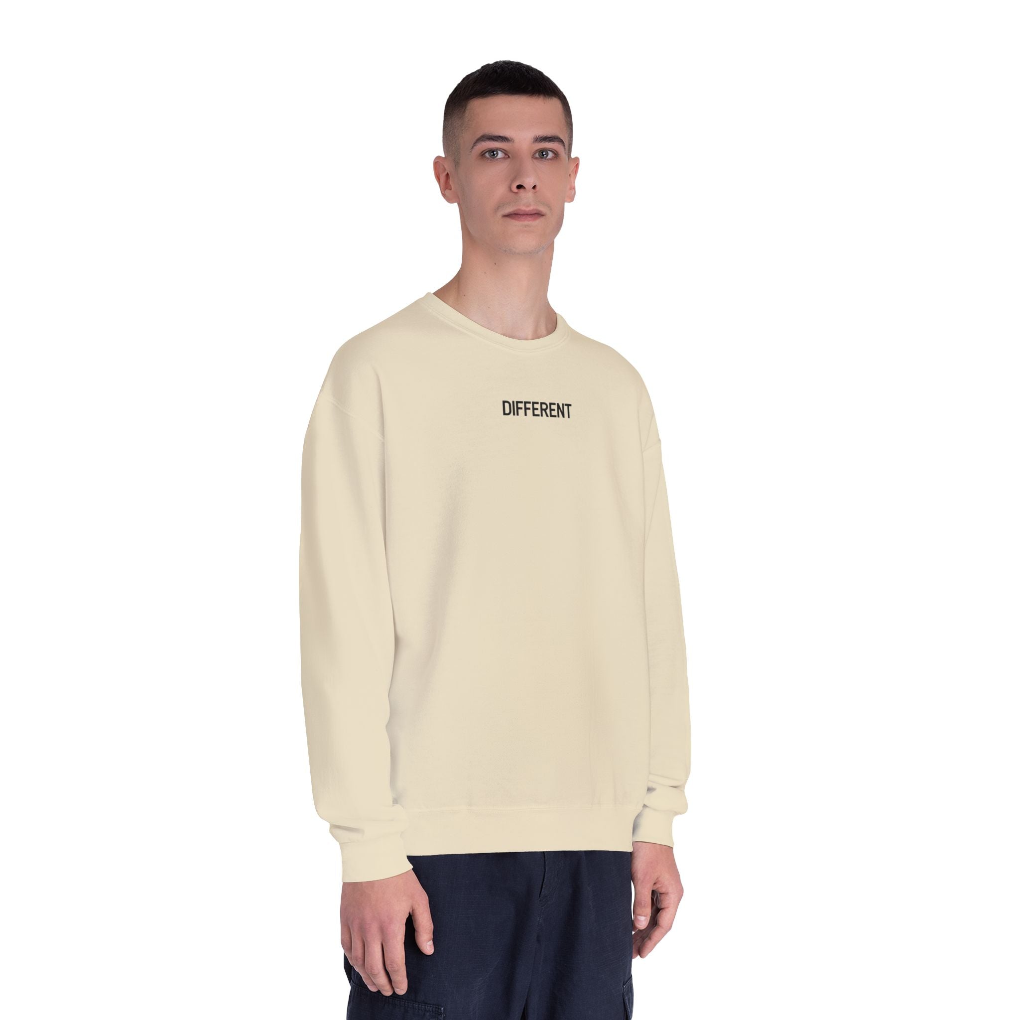Crewneck Sweatshirt — 'Different' Minimal Front + Flame 'Aura Apparel Co' Back