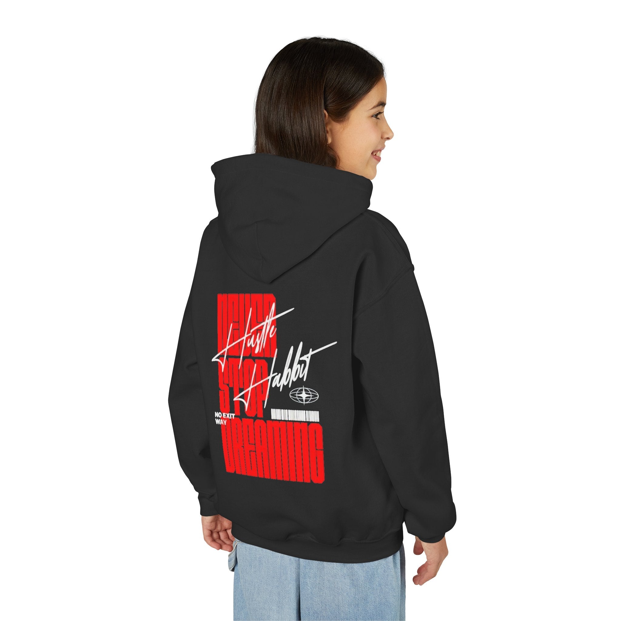 Youth Hoodie — Retro Futuristic 'Never Stop Dreaming' Graphic Pullover