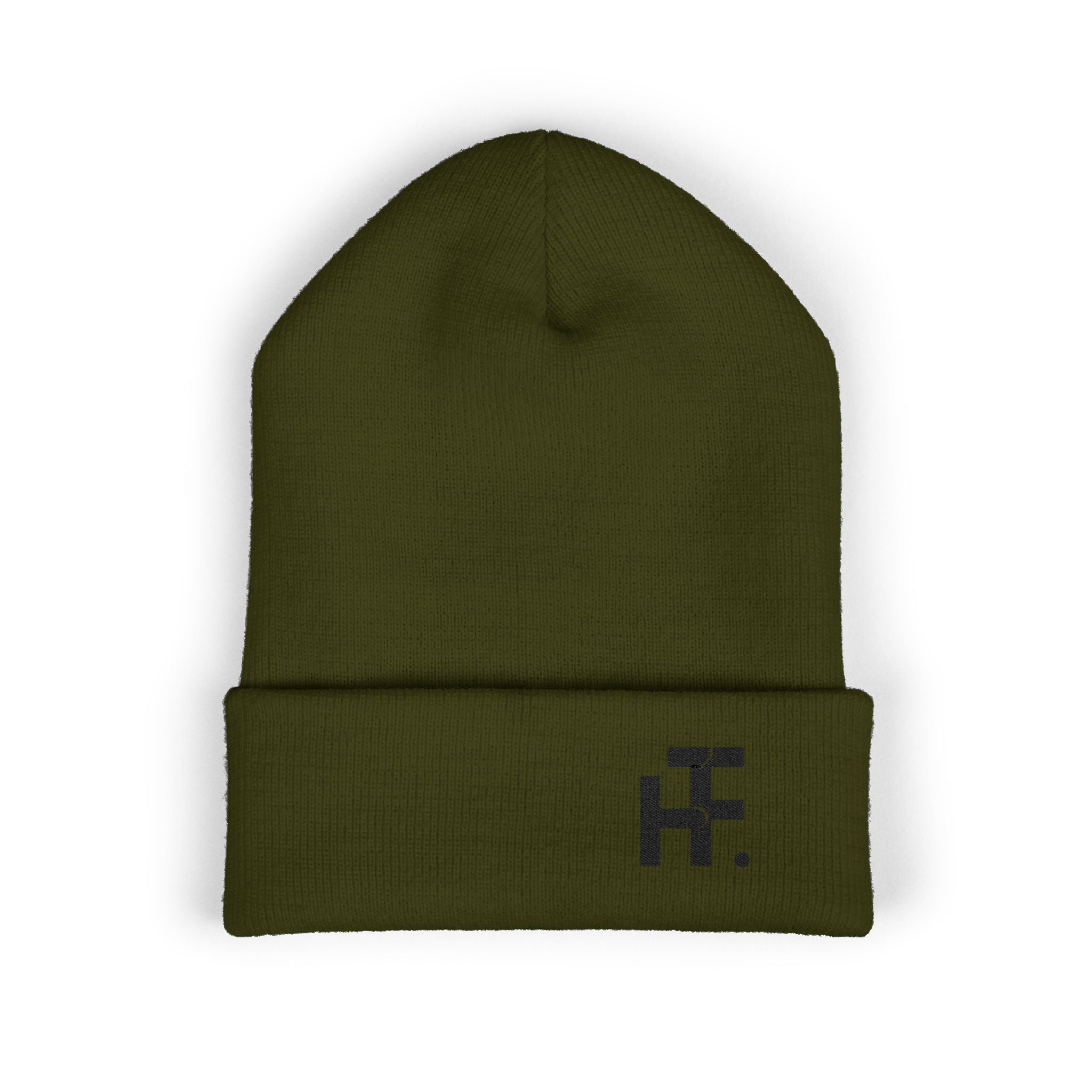 Embroidered Classic Cuffed Beanie — Olive Knit Winter Hat